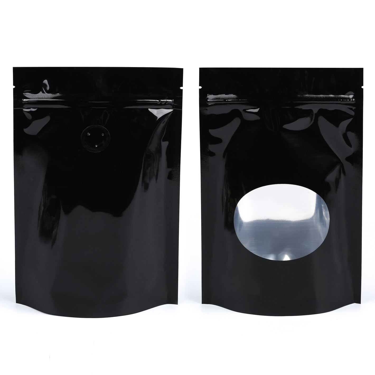 Glossy Café Mirror Black Round Window Plastic and Mylar Stand Strong® Coffee Valve Bags