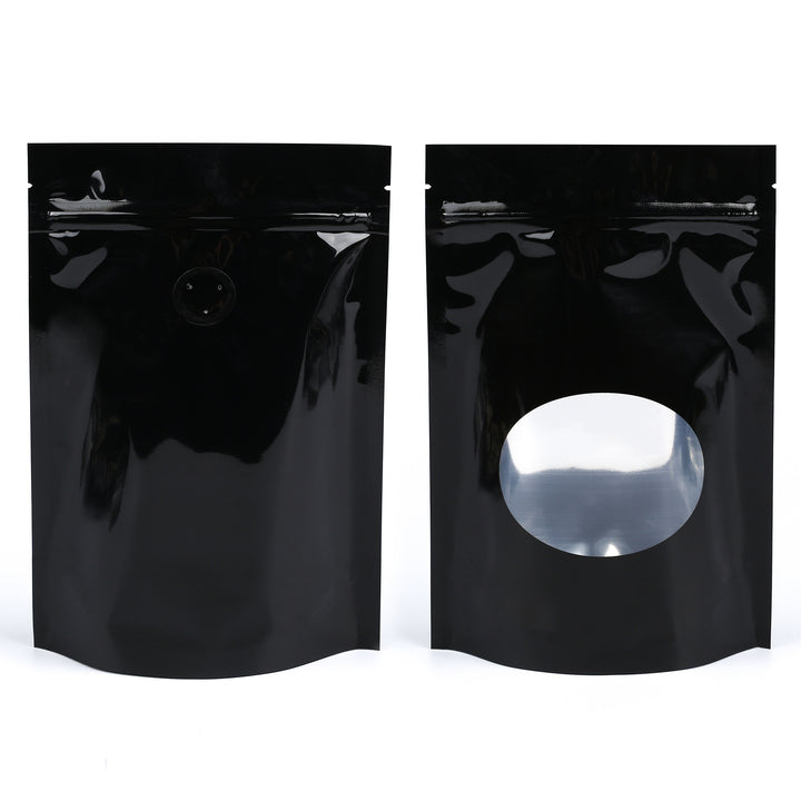 QQ Studio® Glossy Café Mirror Black Round Window Plastic and Mylar Stand Strong™ Coffee Valve Bags