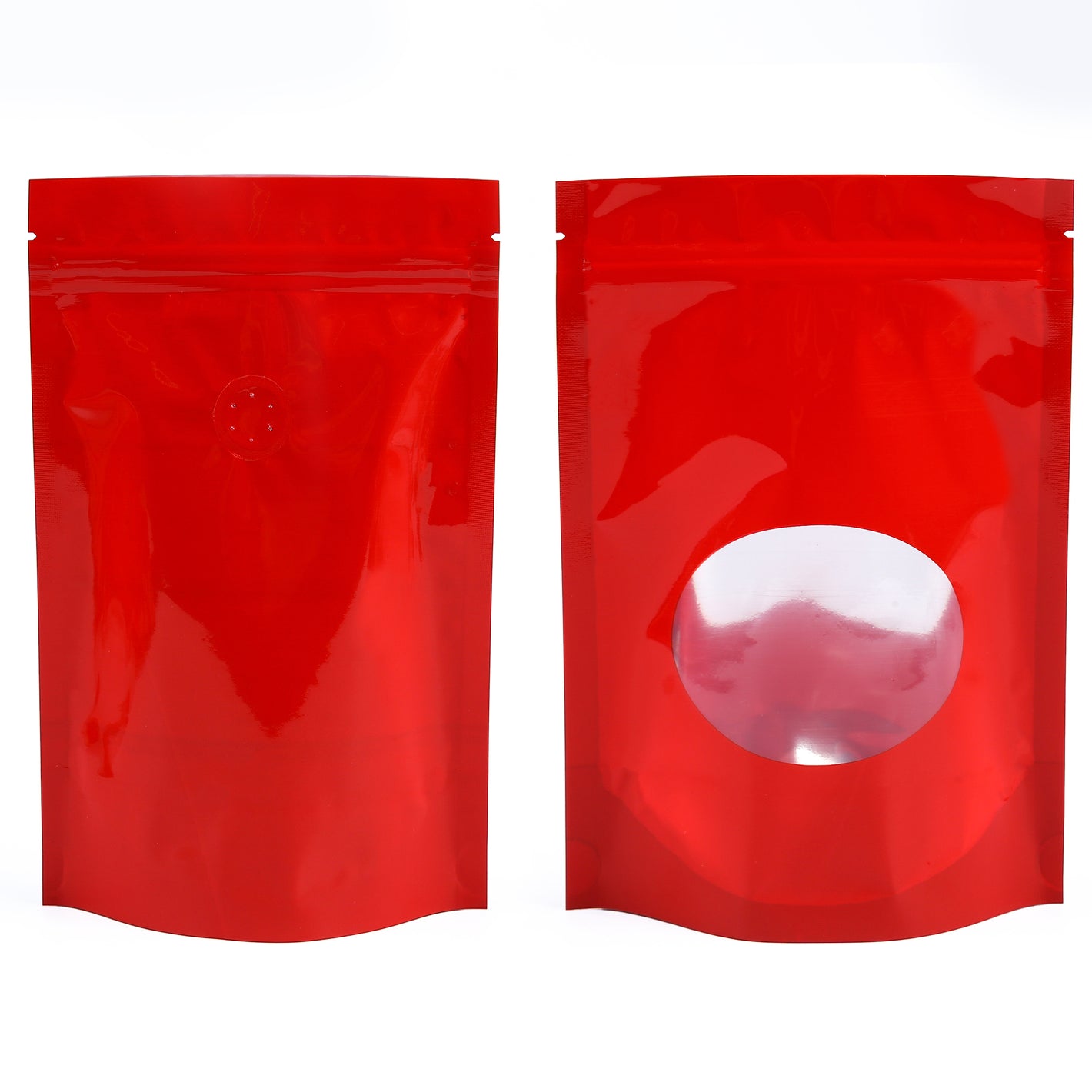 QQ Studio® Glossy Candy Cane Mocha Red Round Window Plastic and Mylar Stand Strong™ Coffee Valve Bags