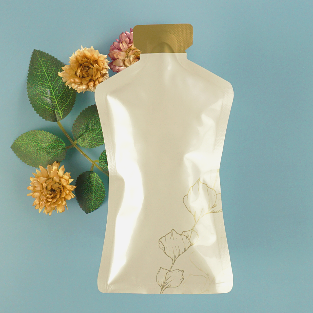 Aluminum Bottle Shaped Sunny Gold Leaf Design Open-Bottom Spout Storage Bags