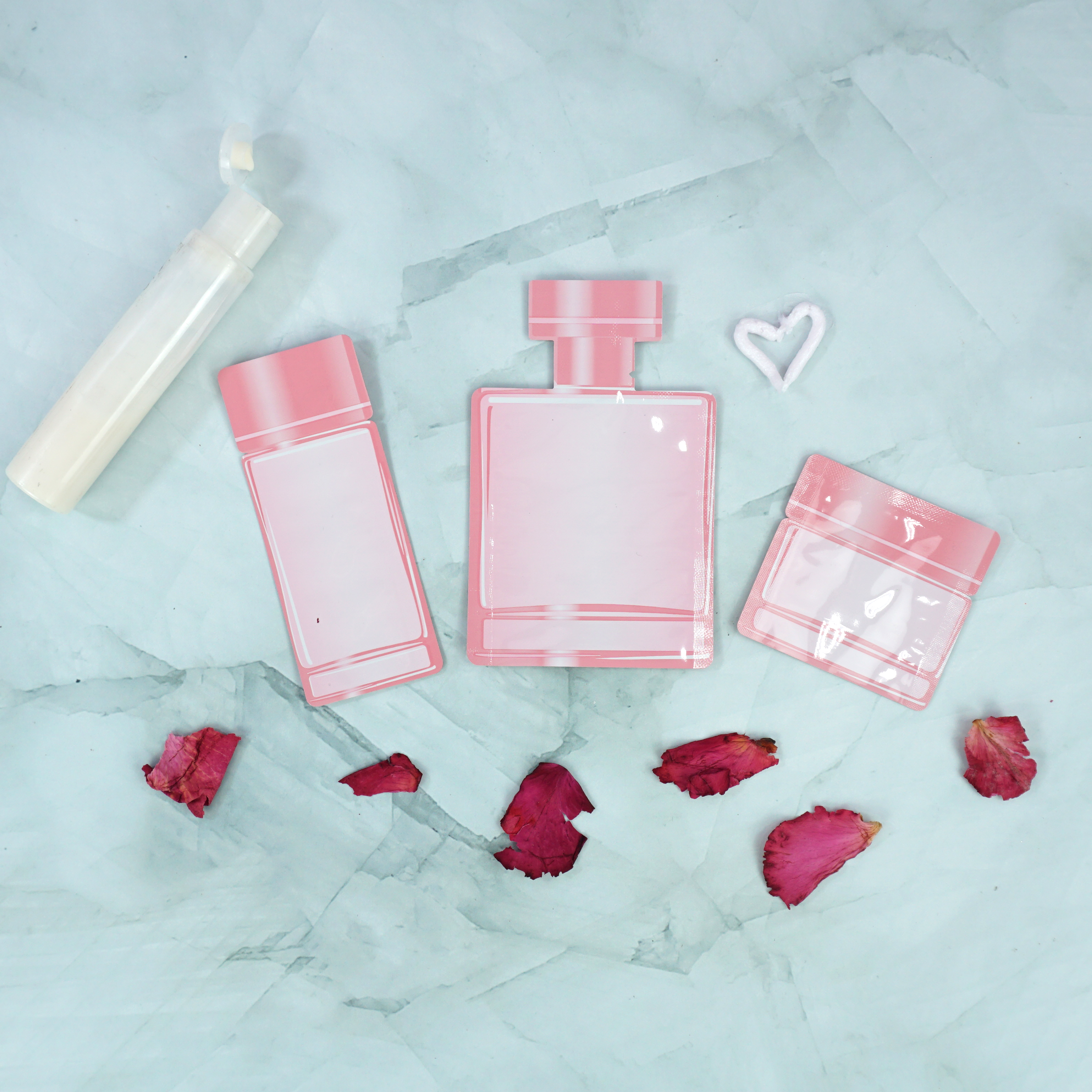 Double-Sided Perfumed Pink Aluminum Cosmetic Bottle Shape Open Bottom Bags