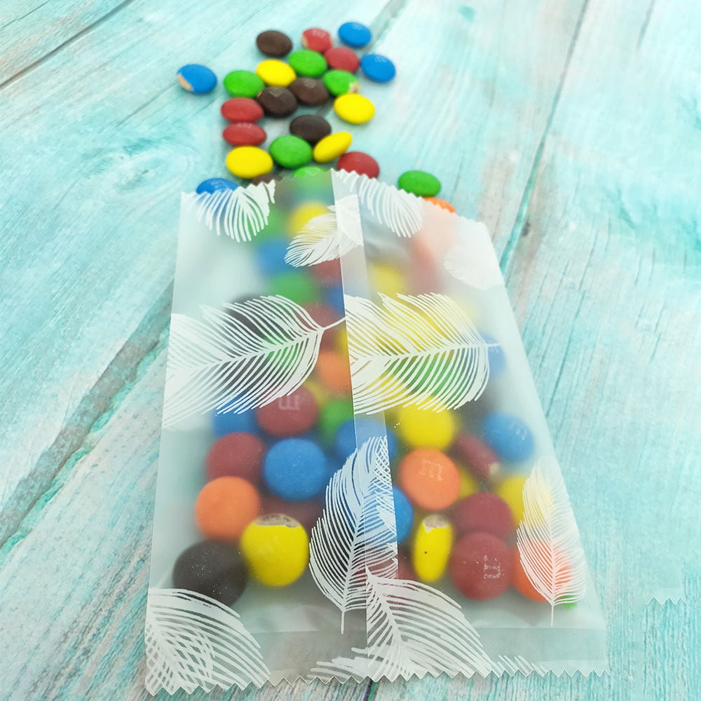 Frosty Pelican Translucent White Feathers and Leaves Design Fin Seal Open Top Bag