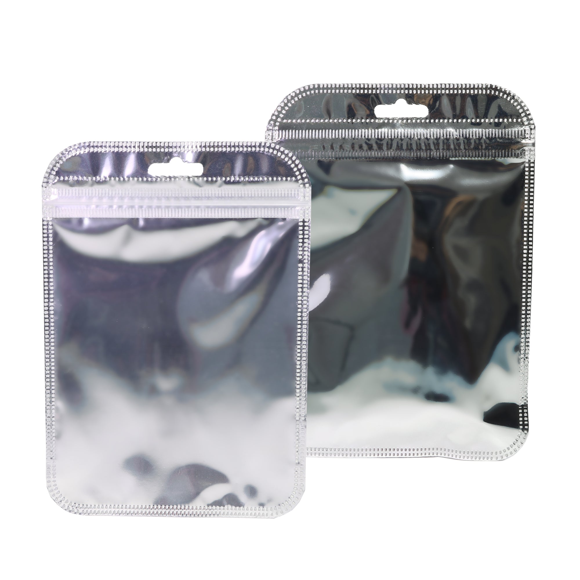 Glossy Chrome Silver Mylar QuickQlick® Bags with Rounded Top and Hang Hole