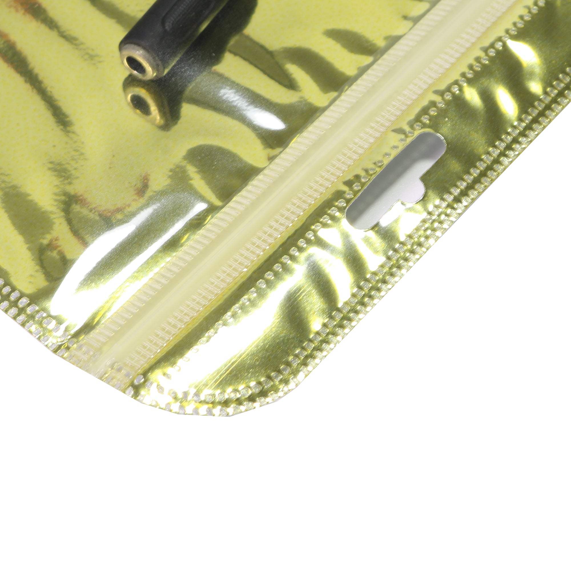 Glossy Half Honey Gold Transparent Mylar QuickQlick® Bags with Rounded Top and Hang Hole