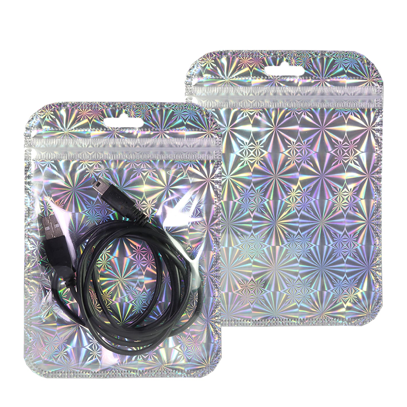 QQ Studio® Glossy Psychedelic Silver Holographic Design Mylar QuickQlick® Bags with Rounded Top and Butterfly Hang Hole