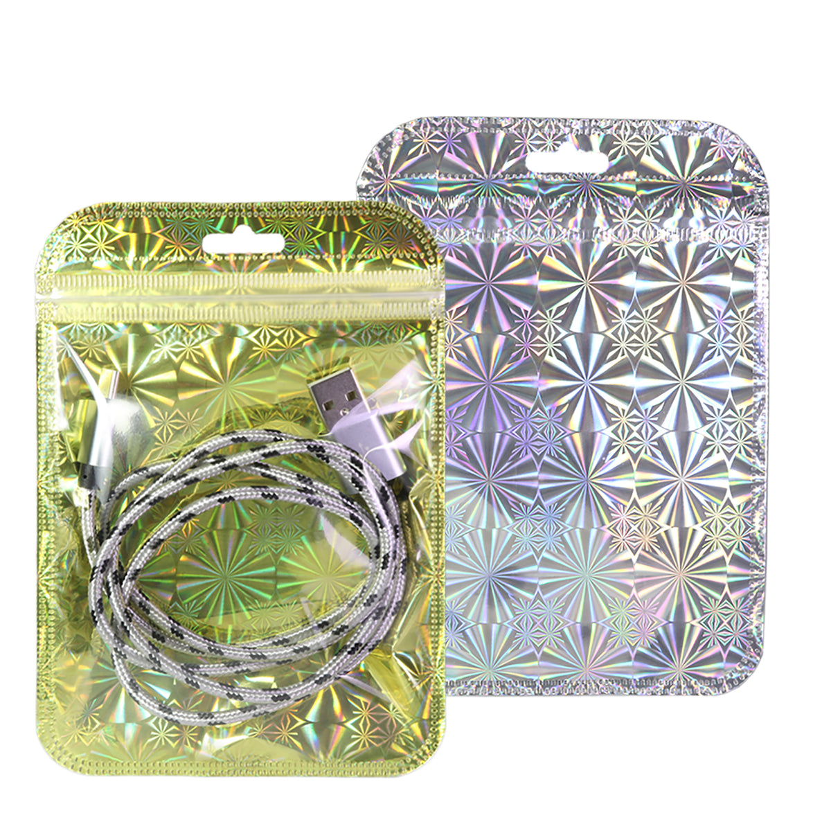 Glossy Half Mirage Gold Transparent Holographic Mylar QuickQlick® Bags with Rounded Top and Butterfly Hang Hole