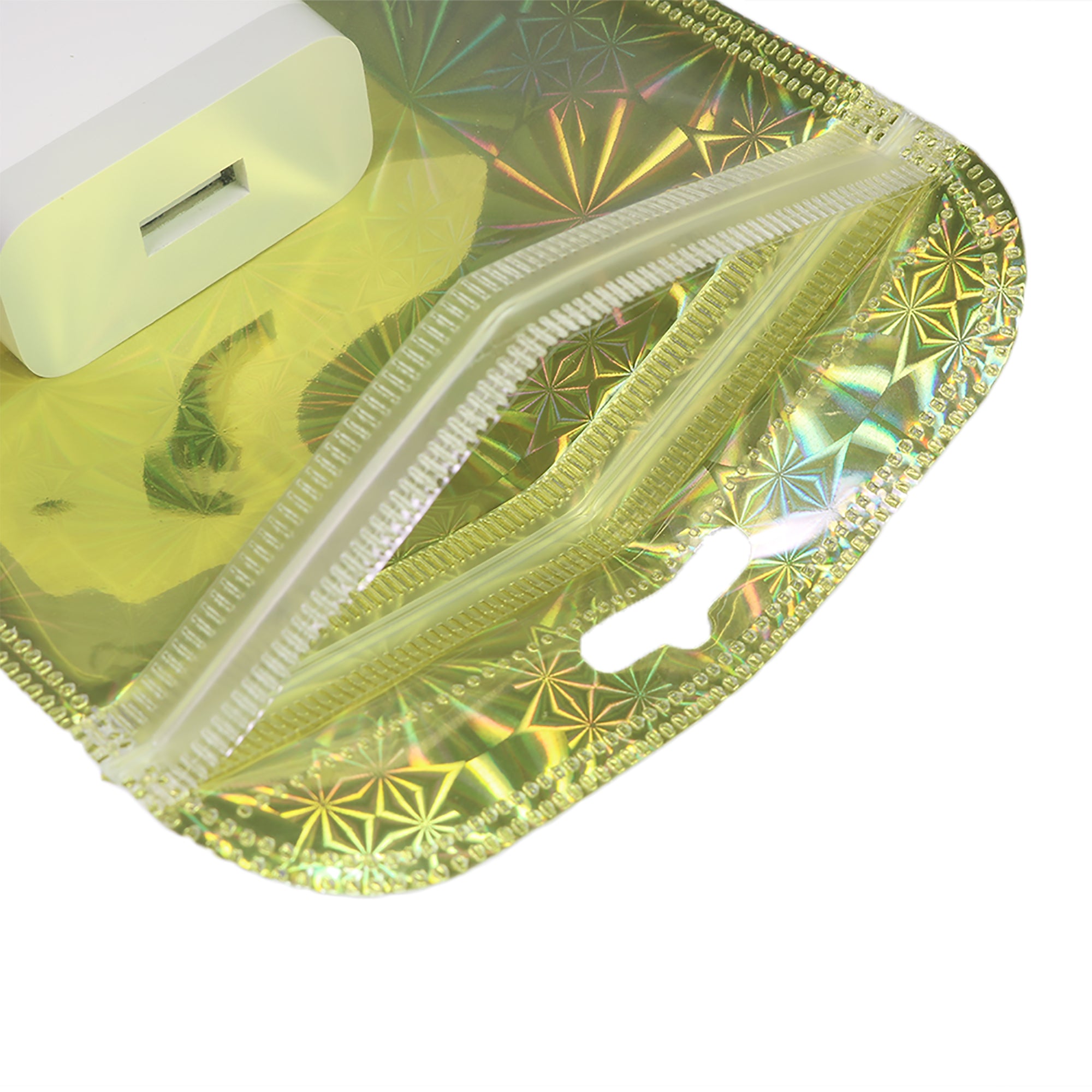 Glossy Half Mirage Gold Transparent Holographic Mylar QuickQlick® Bags with Rounded Top and Butterfly Hang Hole