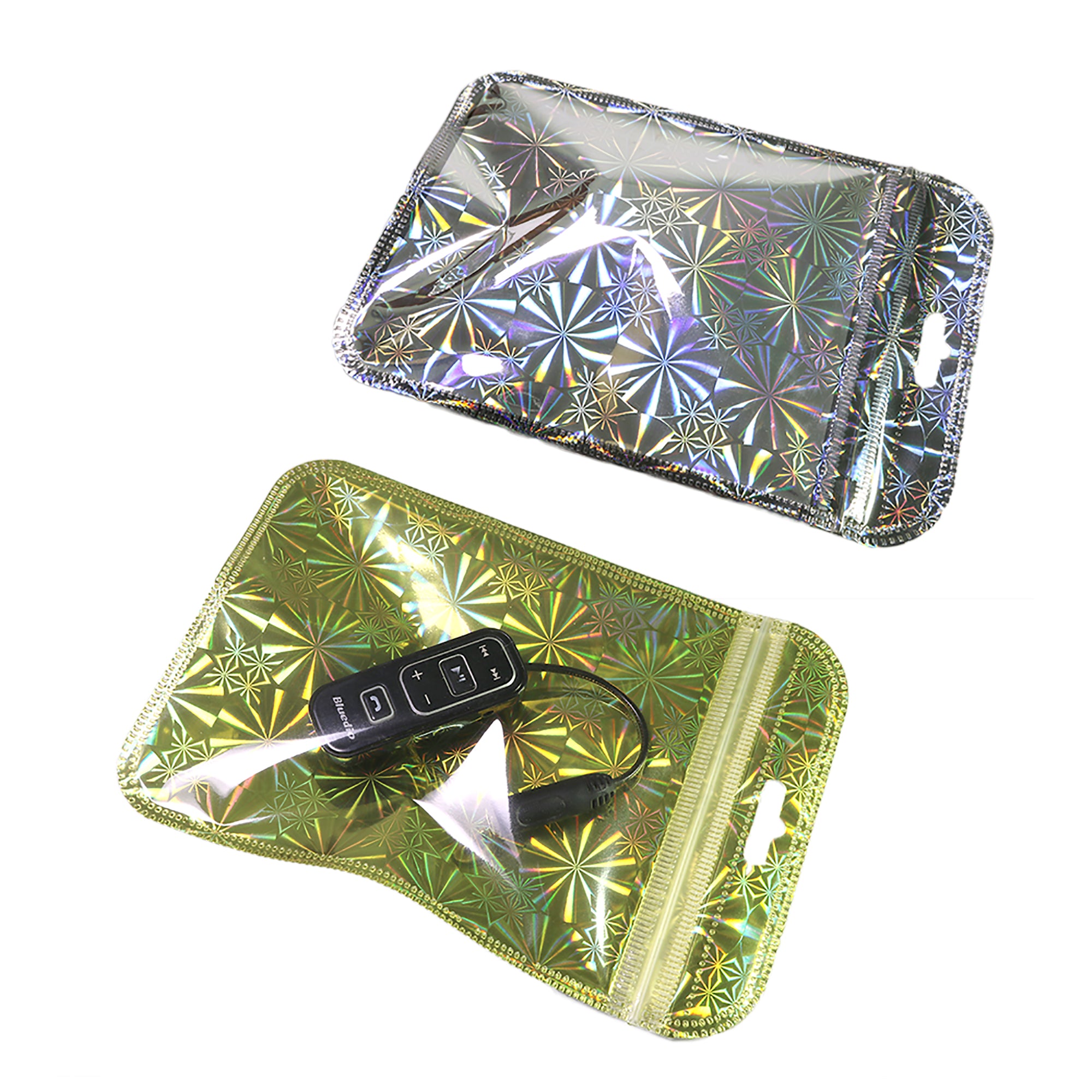 Glossy Half Mirage Gold Transparent Holographic Mylar QuickQlick® Bags with Rounded Top and Butterfly Hang Hole