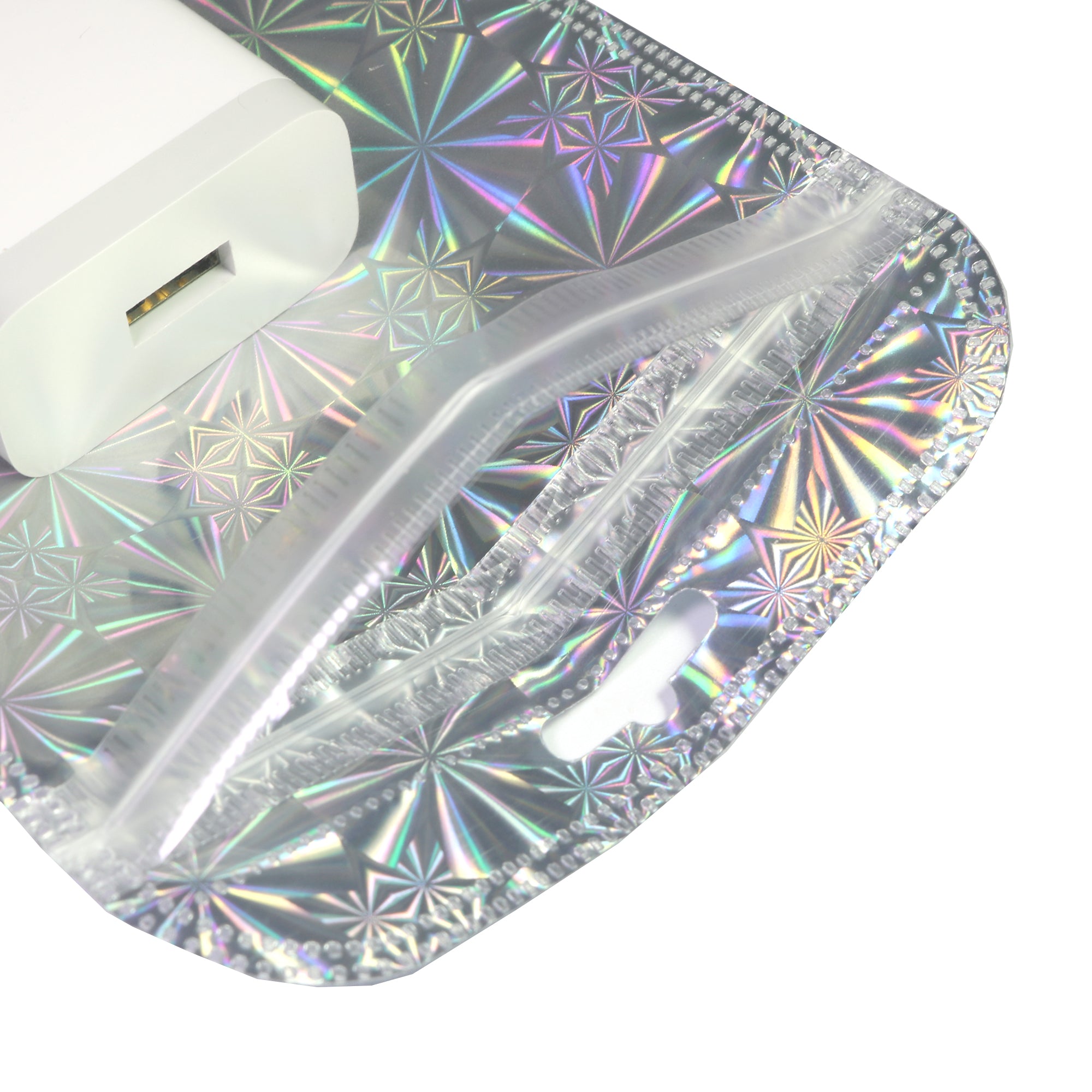 Glossy Psychedelic Silver Holographic Design Mylar QuickQlick® Bags with Rounded Top and Butterfly Hang Hole