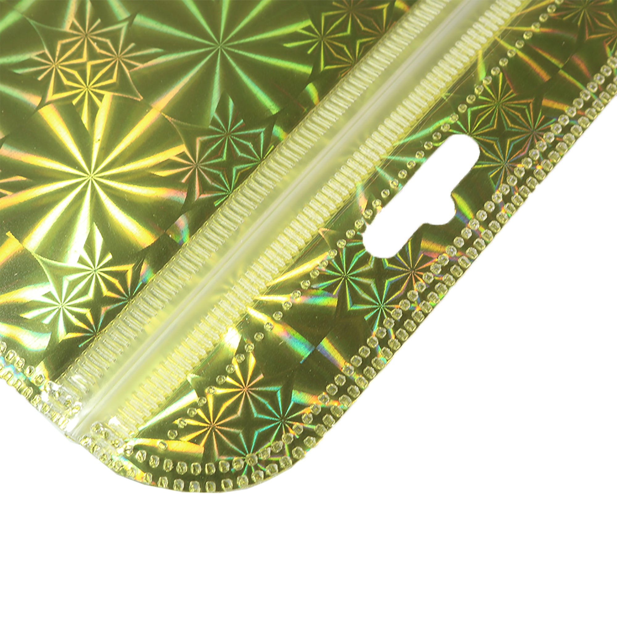 Glossy Half Mirage Gold Transparent Holographic Mylar QuickQlick® Bags with Rounded Top and Butterfly Hang Hole