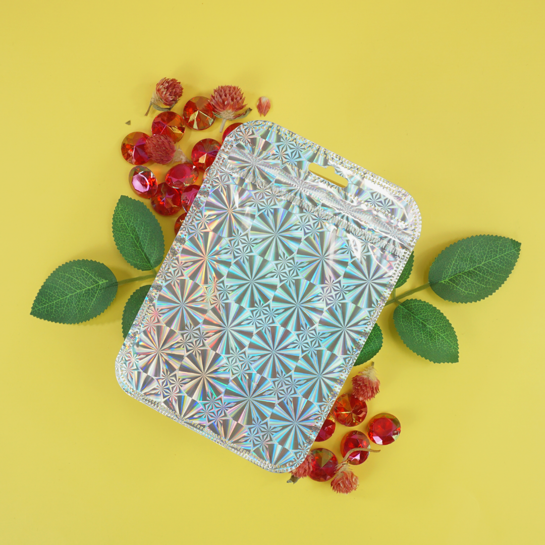 Glossy Psychedelic Silver Holographic Design Mylar QuickQlick® Bags with Rounded Top and Butterfly Hang Hole