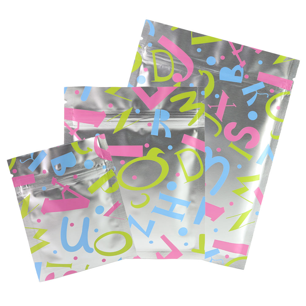 Alphabet Design Double-Sided Confetti Silver Aluminum Zipper Seal Bags