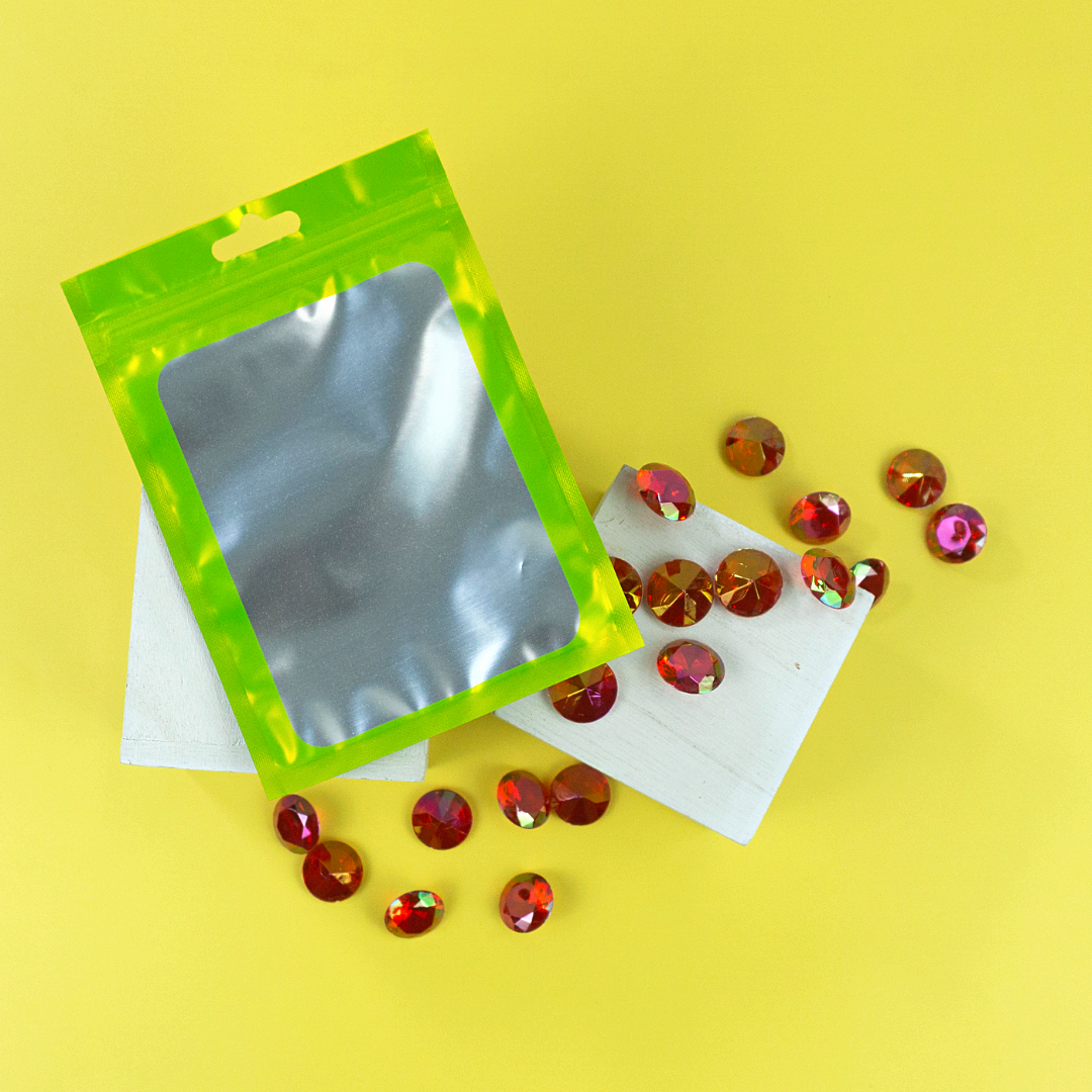 Matte Yellow Green Translucent Border Design Mylar Foil Flat QuickQlick® Bags with Butterfly Hang Hole