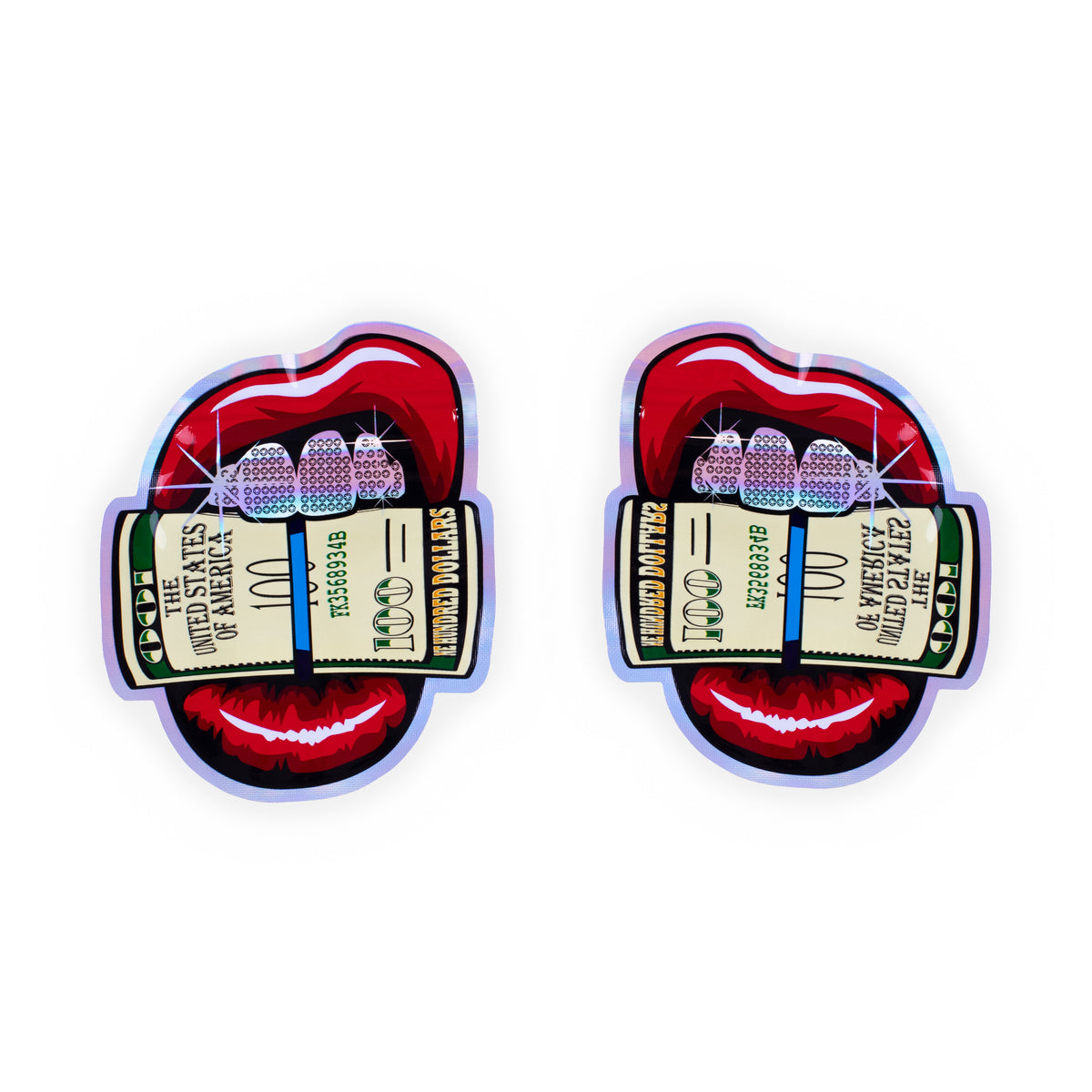 Reusable Flat Zipper Seal Bags – Holographic Money Red Lip Design Metallic Foil