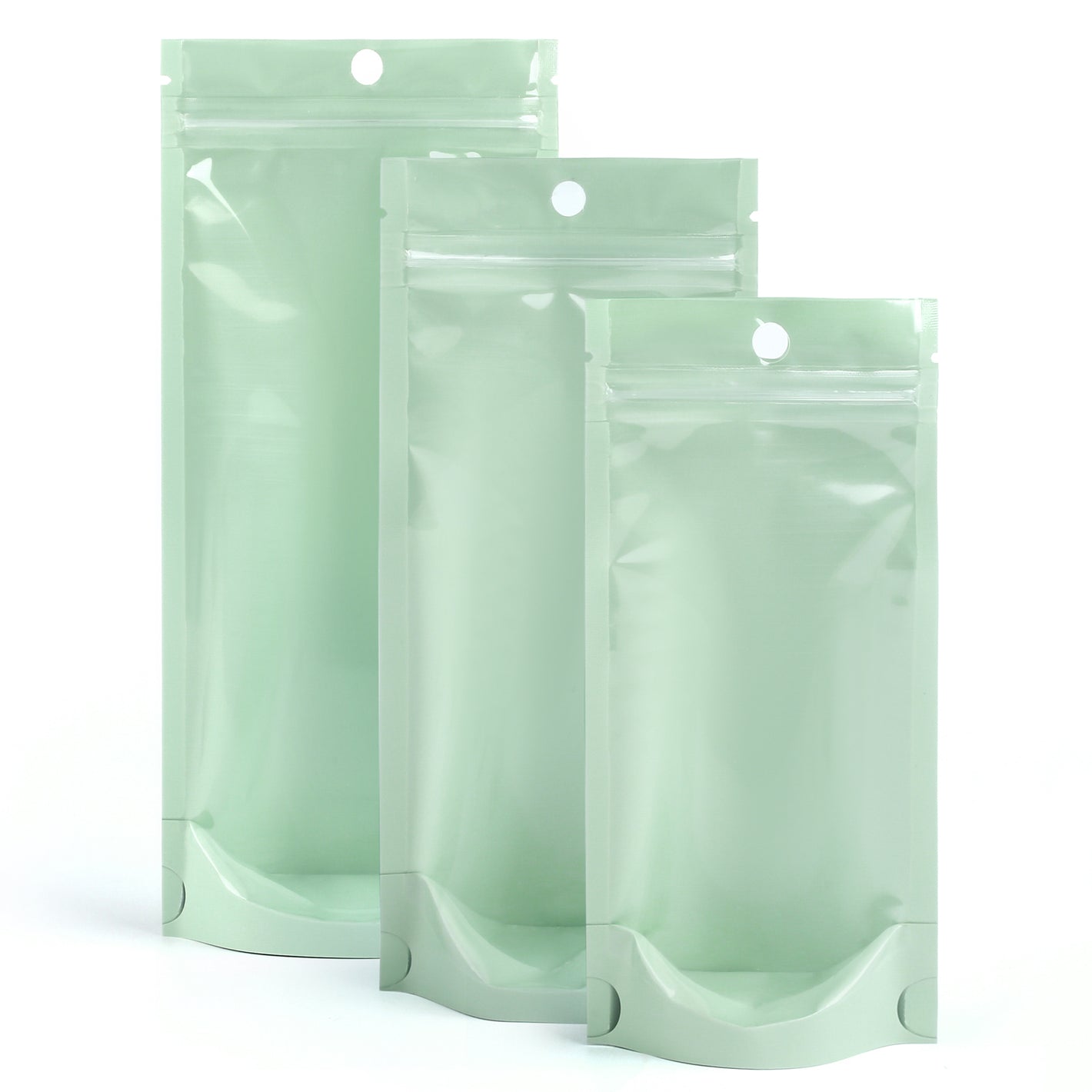 QQ Studio® Glossy Mantis Green Pastel Tall Stand Strong™ Zipper Seal Bags with Round Hang-Hole