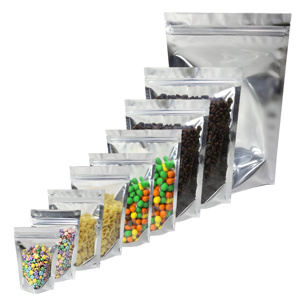 Clear and Chrome Silver Metallic Mylar Stand Strong® Bags