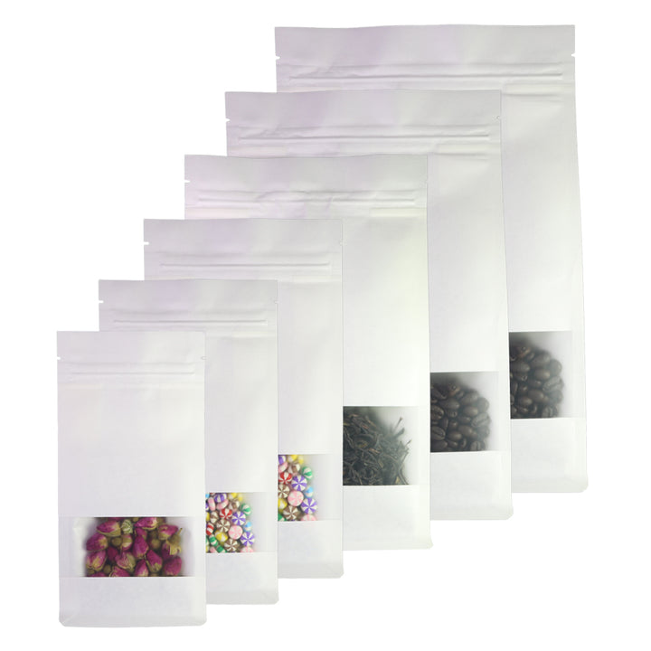 QQ Studio® Kraft Parchment White Paper Side Gusset with Translucent Window Stand Strong™ Bags