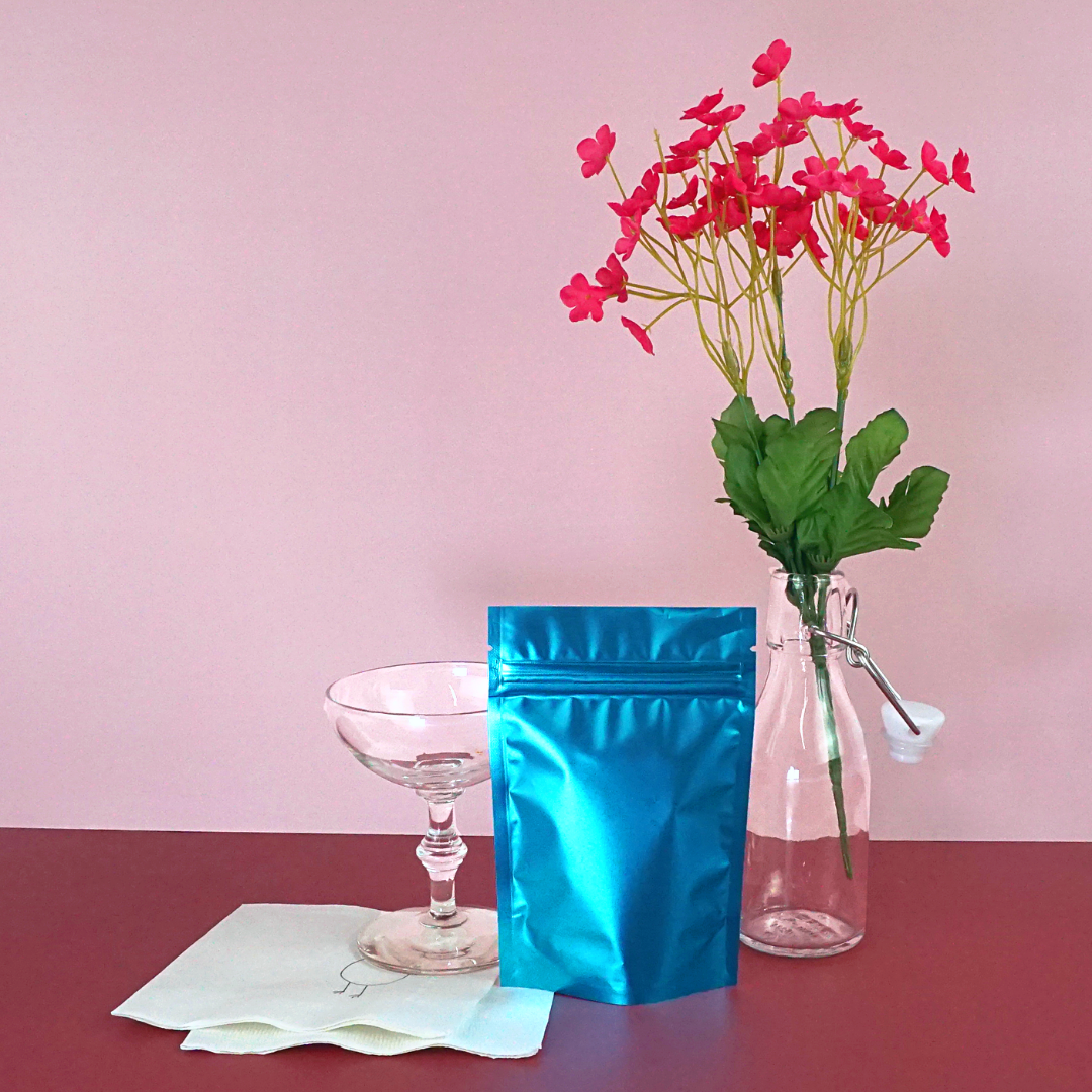 Half Electric Blue Metallic Mylar Stand Strong® Bags