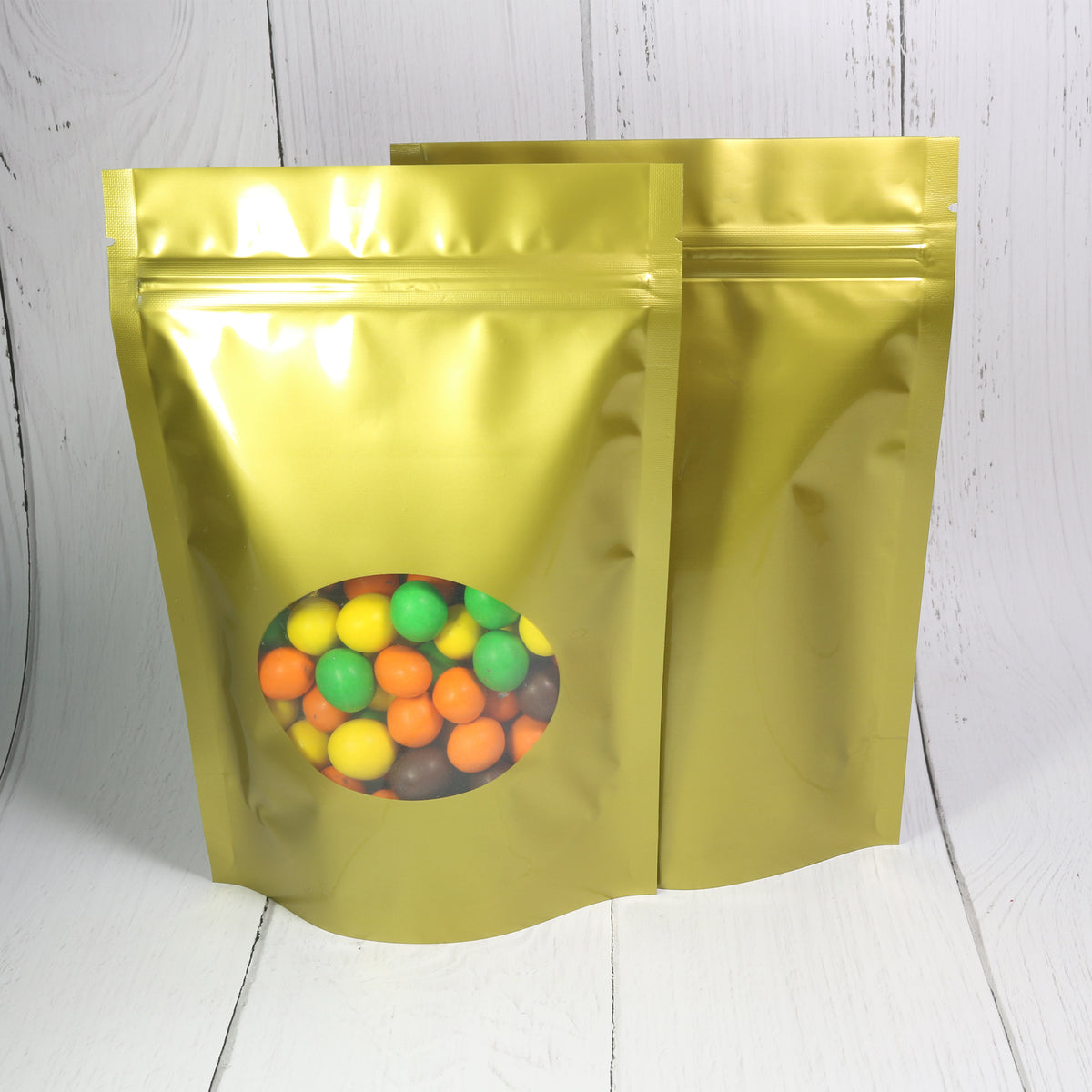 Glossy Sweet Cream Gold Round Window Plastic and Mylar Stand Strong® Bags