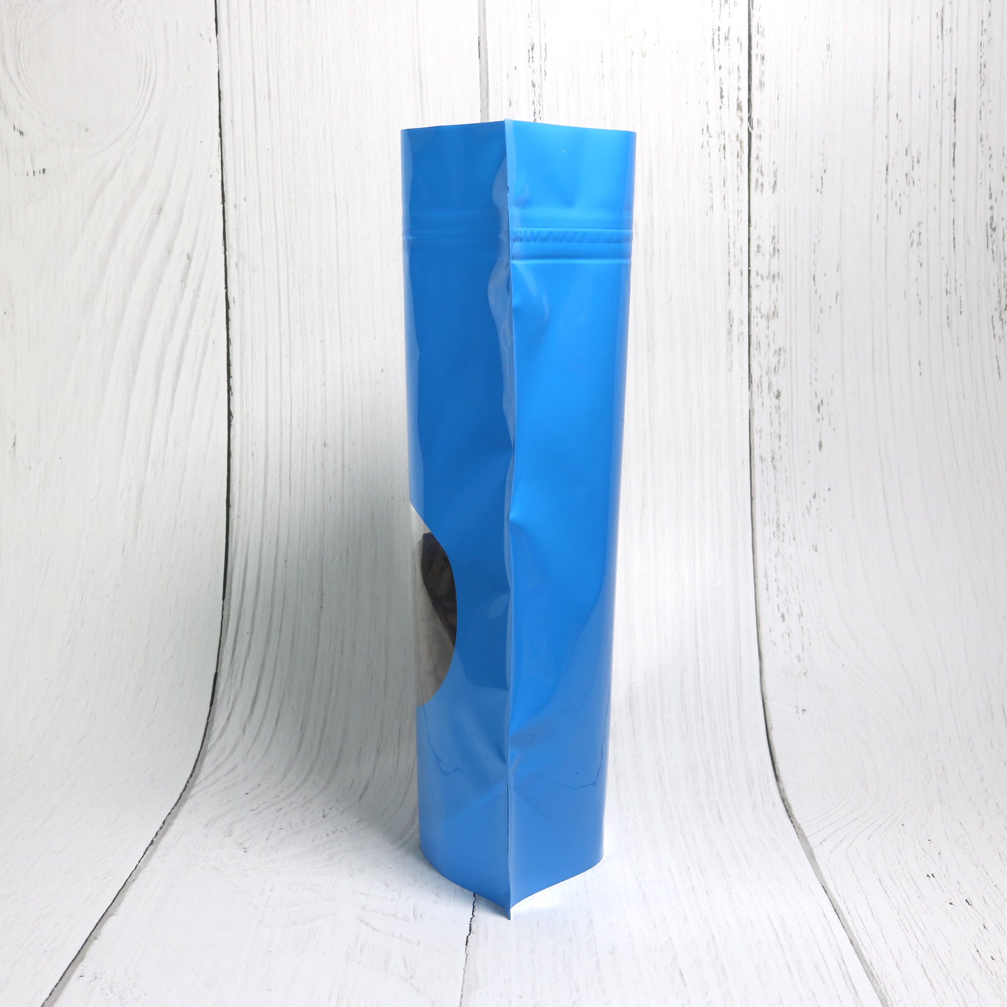 Glossy Wavy Blue Round Window Plastic and Mylar Stand Strong® Bags
