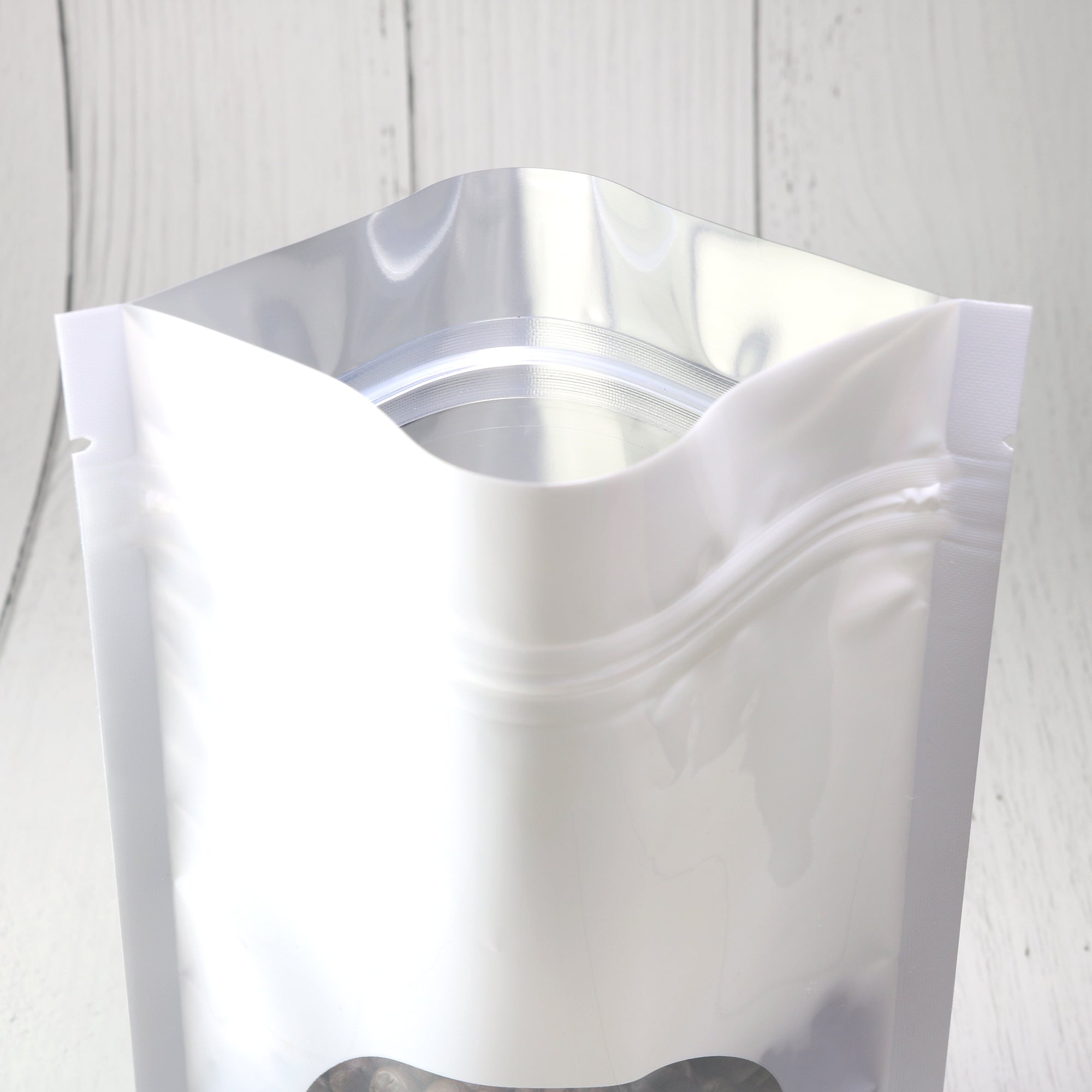 Glossy Purity White Round Window Plastic and Mylar Stand Strong® Bags