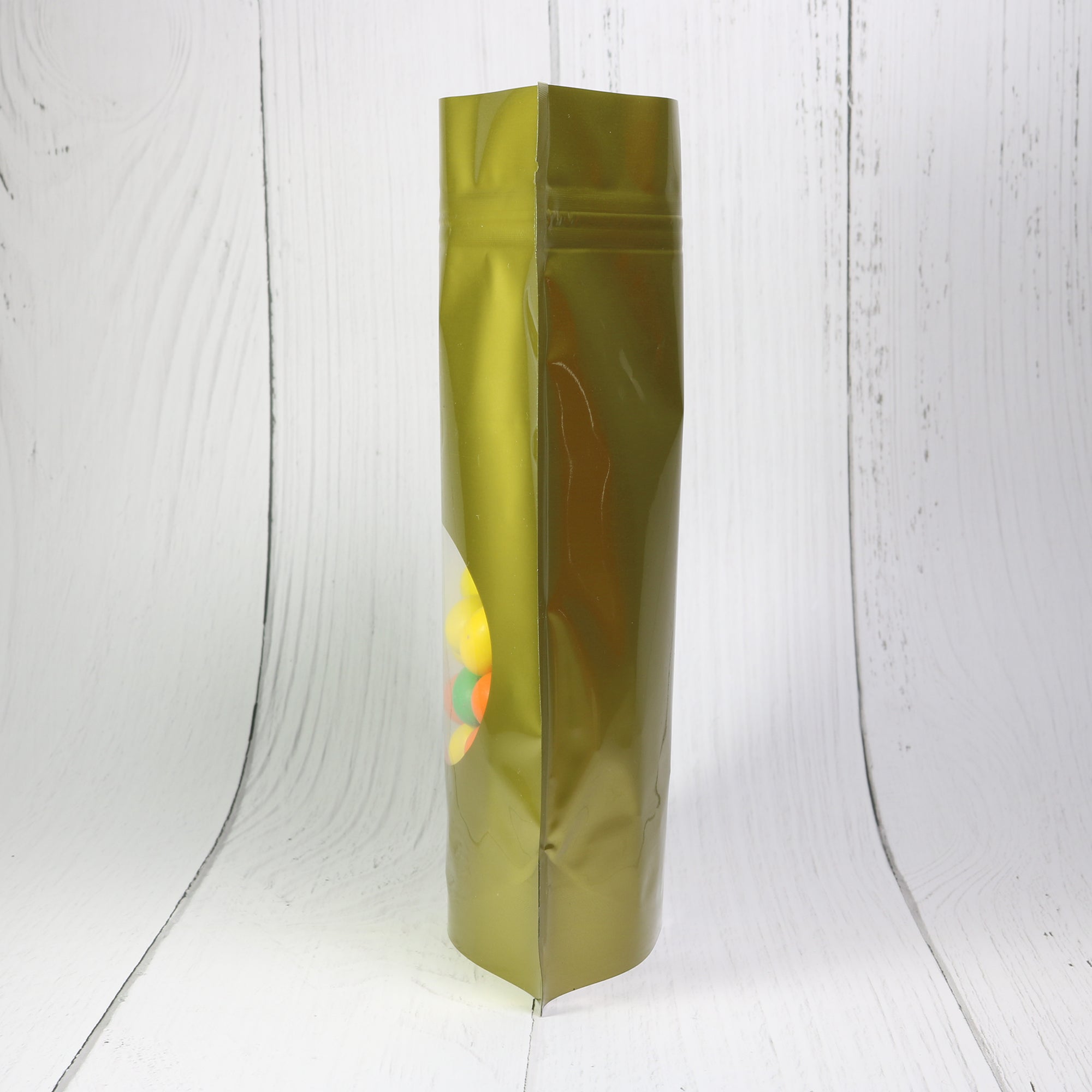 Glossy Sweet Cream Gold Round Window Plastic and Mylar Stand Strong® Bags