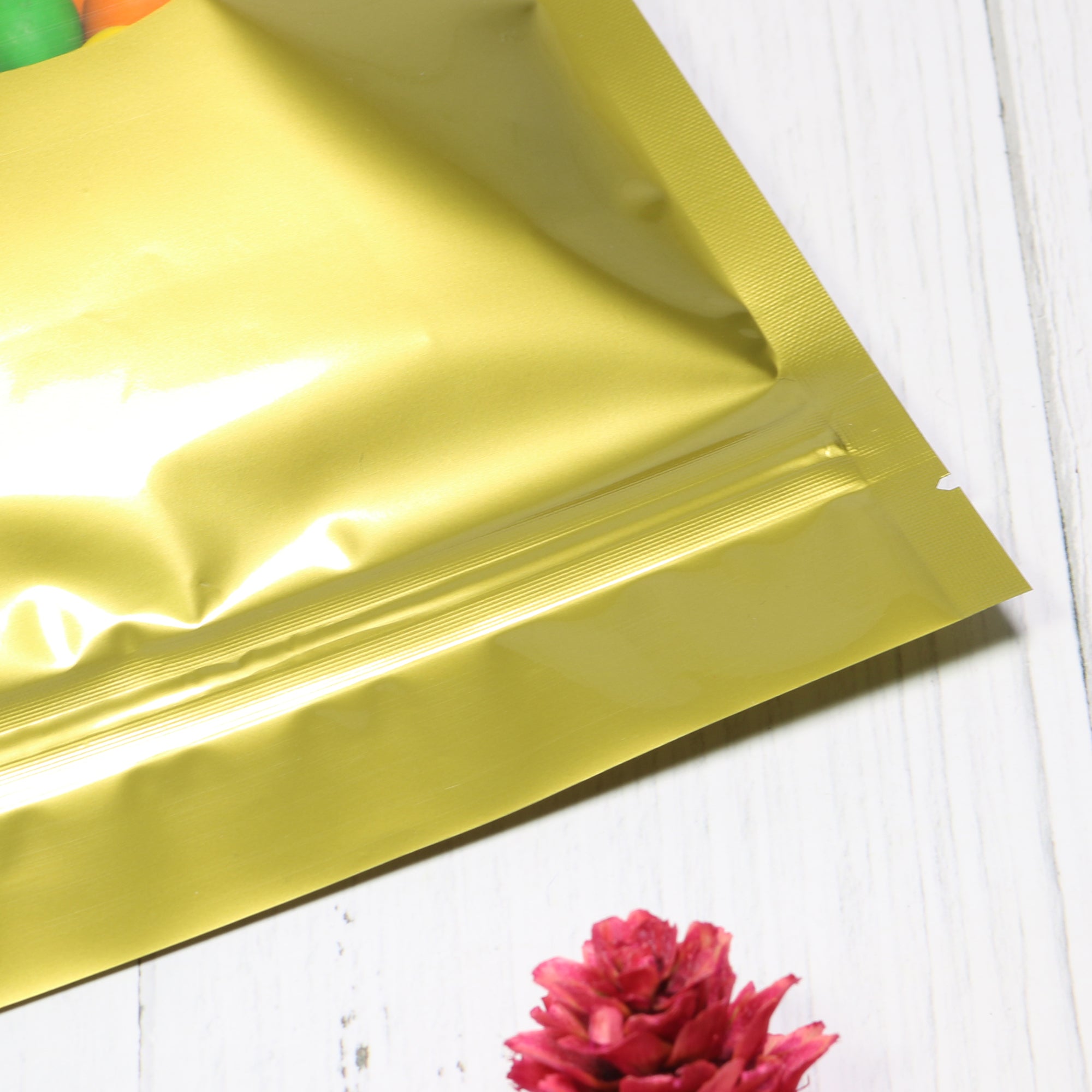 Glossy Sweet Cream Gold Round Window Plastic and Mylar Stand Strong® Bags
