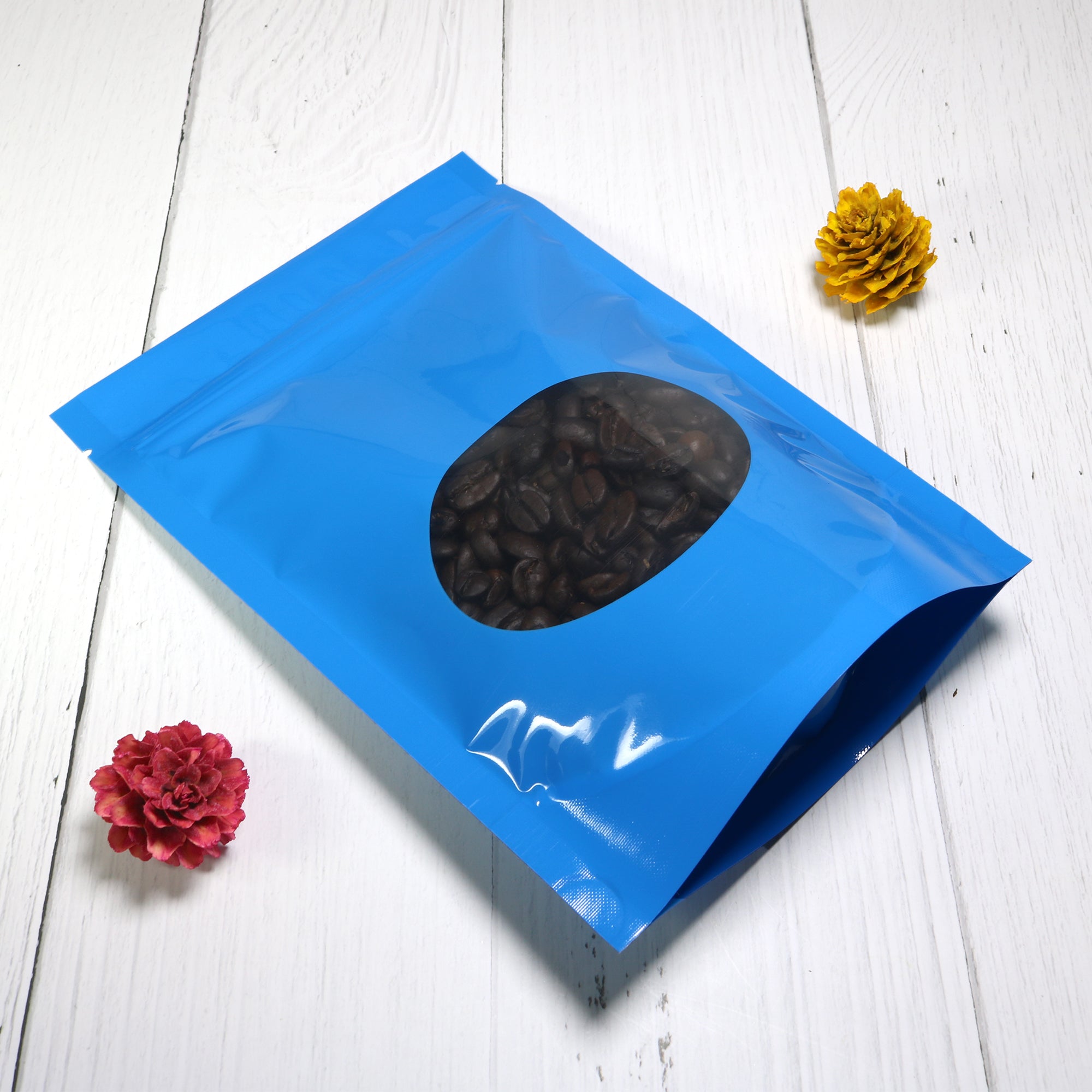 Glossy Wavy Blue Round Window Plastic and Mylar Stand Strong® Bags