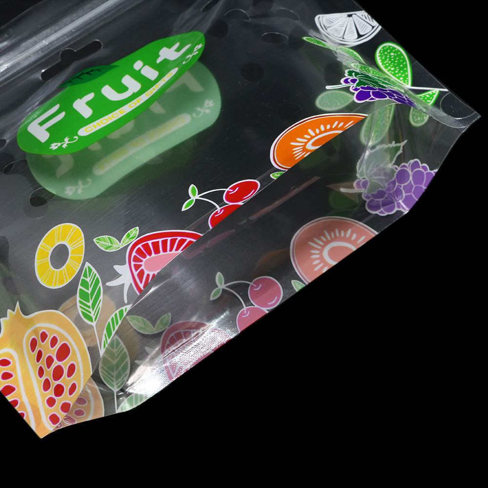 Fresh Clear Polyethylene Fruit Design Stand Strong® Bags with Die Cut Handles and Vent Holes