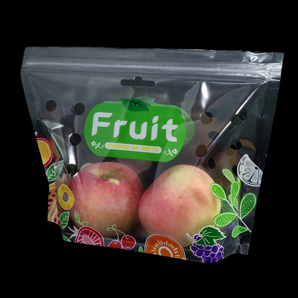 Fresh Clear Polyethylene Fruit Design Stand Strong® Bags with Die Cut Handles and Vent Holes