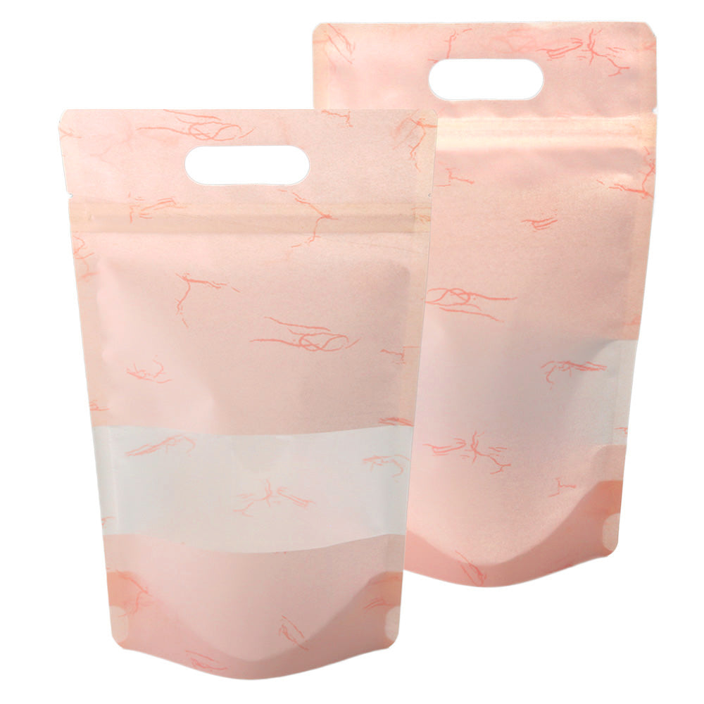 Matte Peach Pink Rice Paper Clear Window Stand Strong® Bags with Die Cut Handles