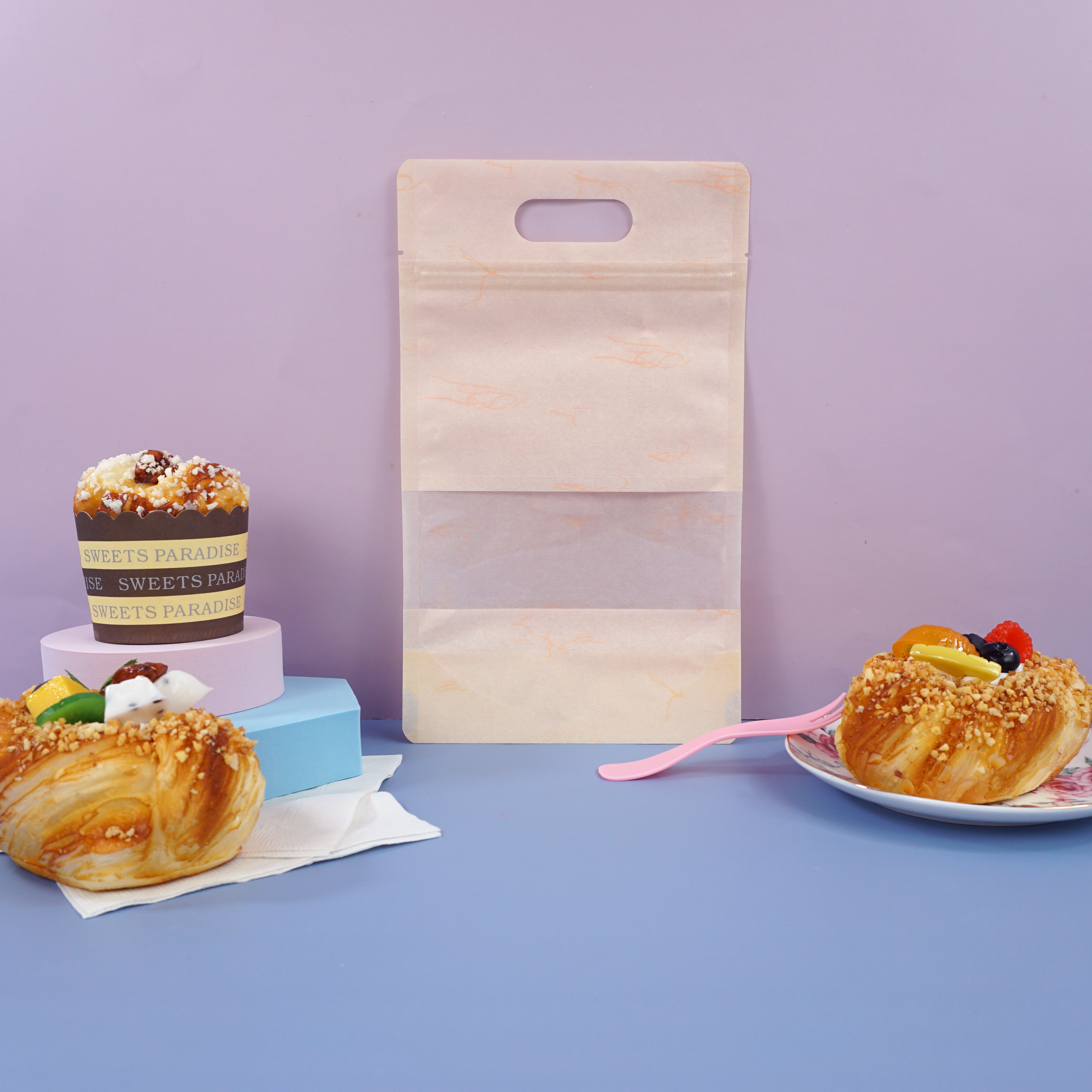 Matte Peach Pink Rice Paper Clear Window Stand Strong® Bags with Die Cut Handles
