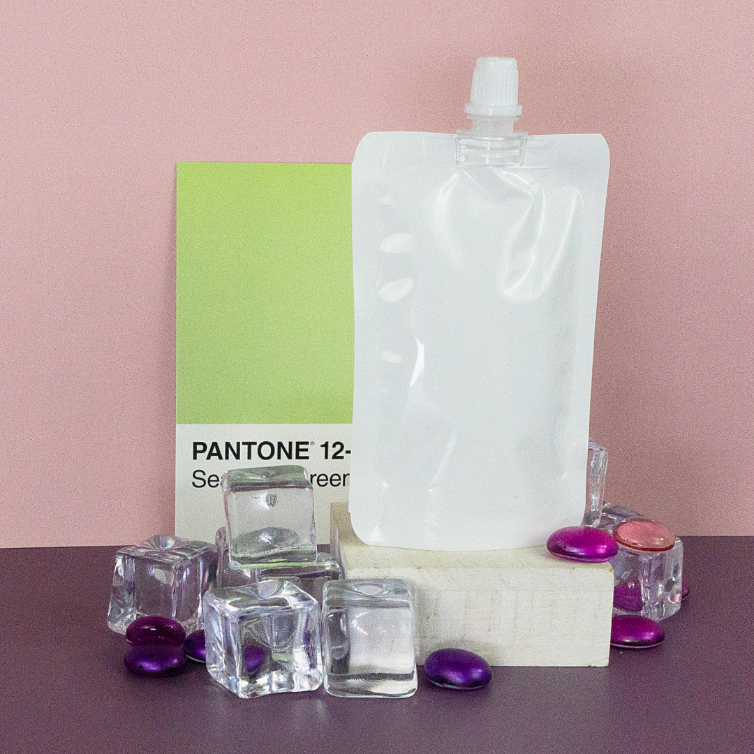 Glossy Arctic White Plastic Stand Pouch with Top Screw Cap Spout