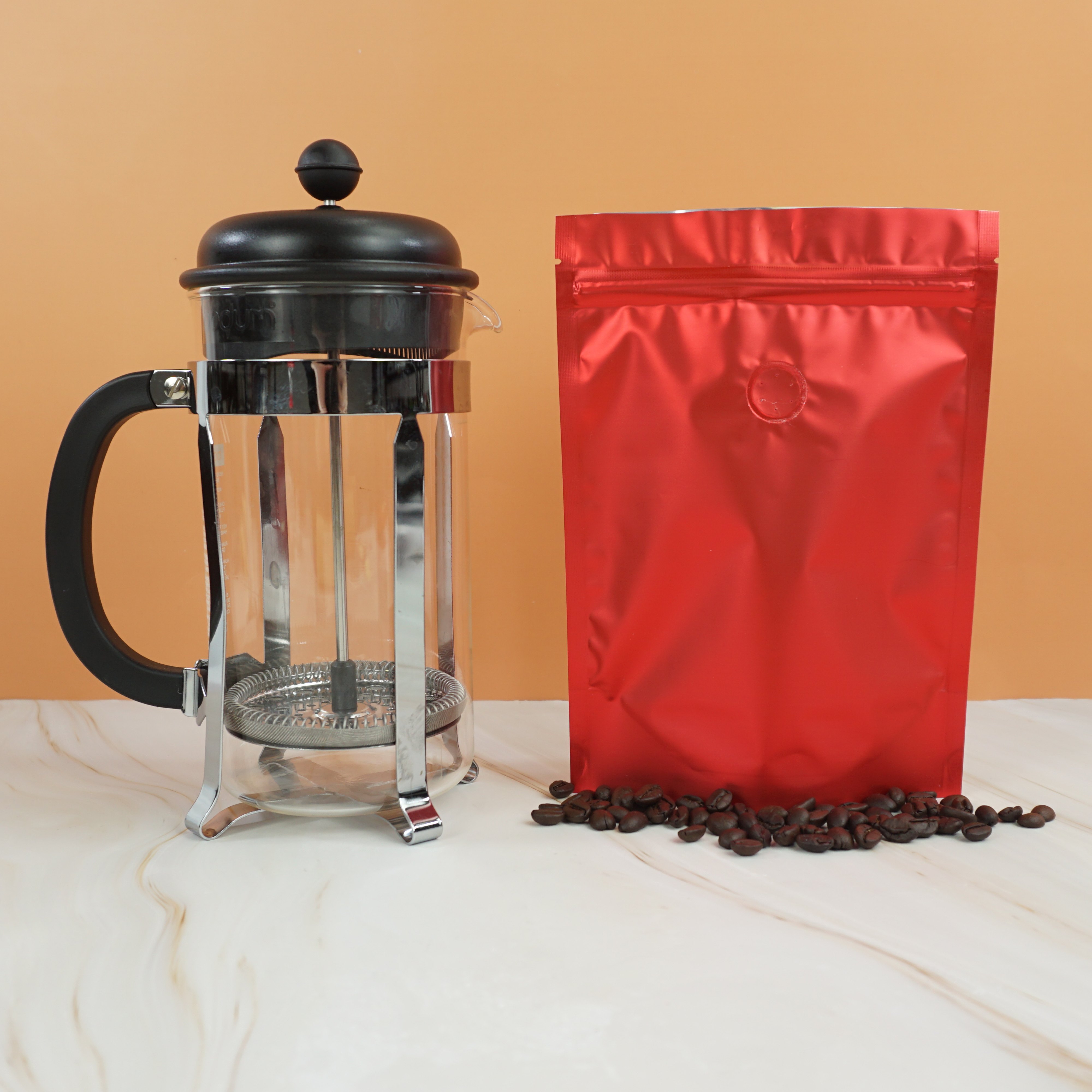 Americano Red Foil Coffee Valve Stand Strong® Pouches with Zipper Seal