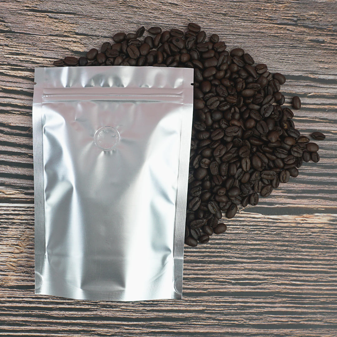 New Kettle Silver Foil Coffee Valve Stand Strong® Pouches with Zipper Seal