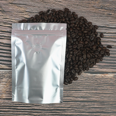New Kettle Silver Foil Coffee Valve Stand Strong® Pouches with Zipper Seal