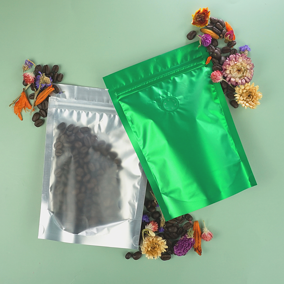 Single Side Matte Emerald Bean Green Metallic Mylar Stand Strong® Coffee Valve Bags
