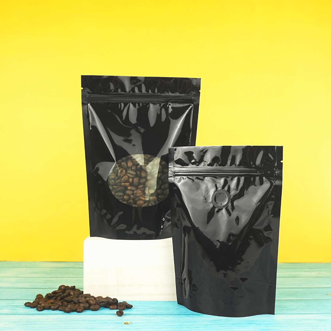 Glossy Café Mirror Black Round Window Plastic and Mylar Stand Strong® Coffee Valve Bags