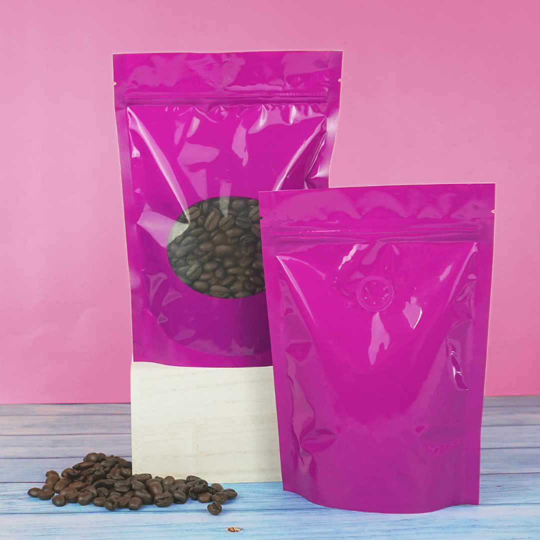 Glossy Peruvian Hazy Purple Round Window Plastic and Mylar Stand Strong® Coffee Valve Bags