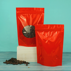 Glossy Candy Cane Mocha Red Round Window Plastic and Mylar Stand Strong® Coffee Valve Bags