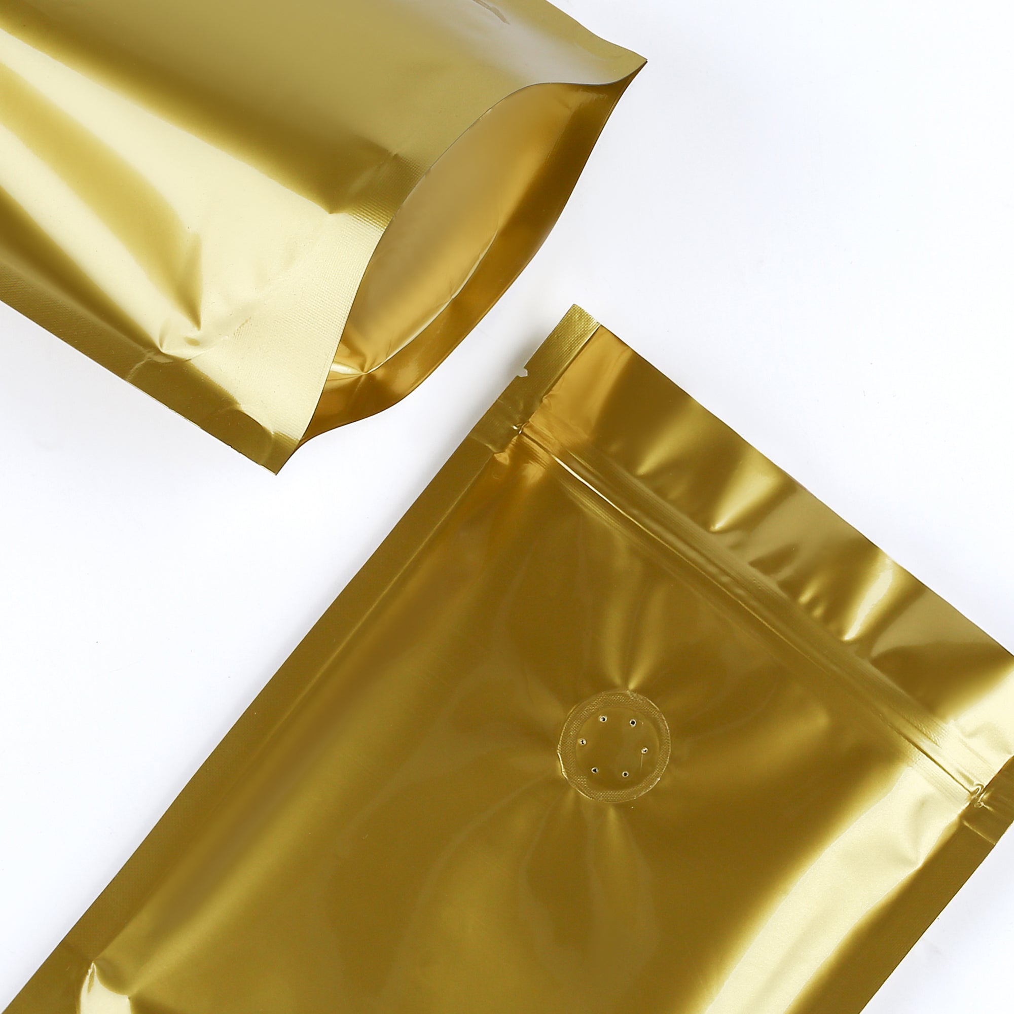 Glossy Sweet Cream Gold Round Window Plastic and Mylar Stand Strong® Coffee Valve Bags