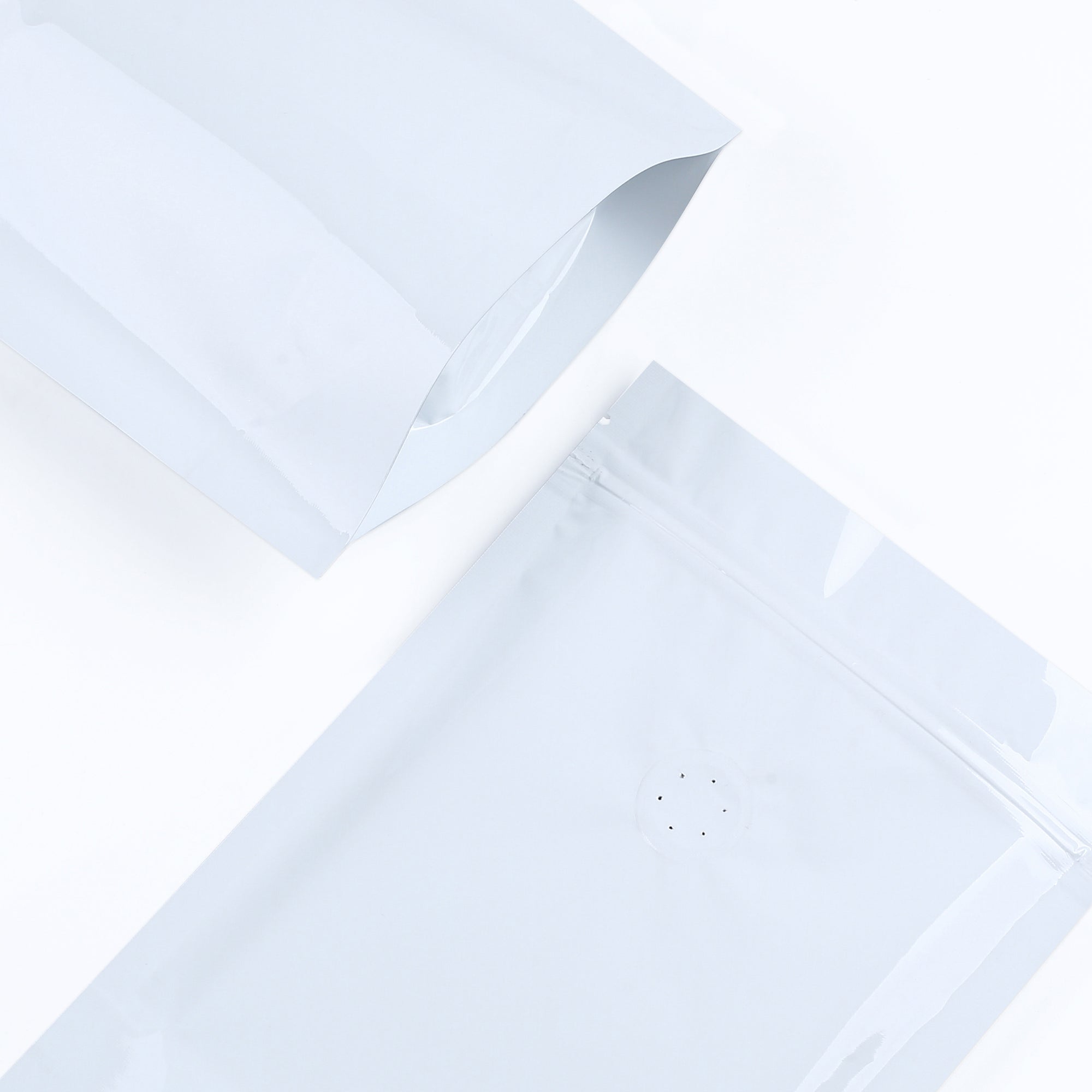 Glossy Pick-me-up Purity White Round Window Plastic and Mylar Stand Strong® Coffee Valve Bags
