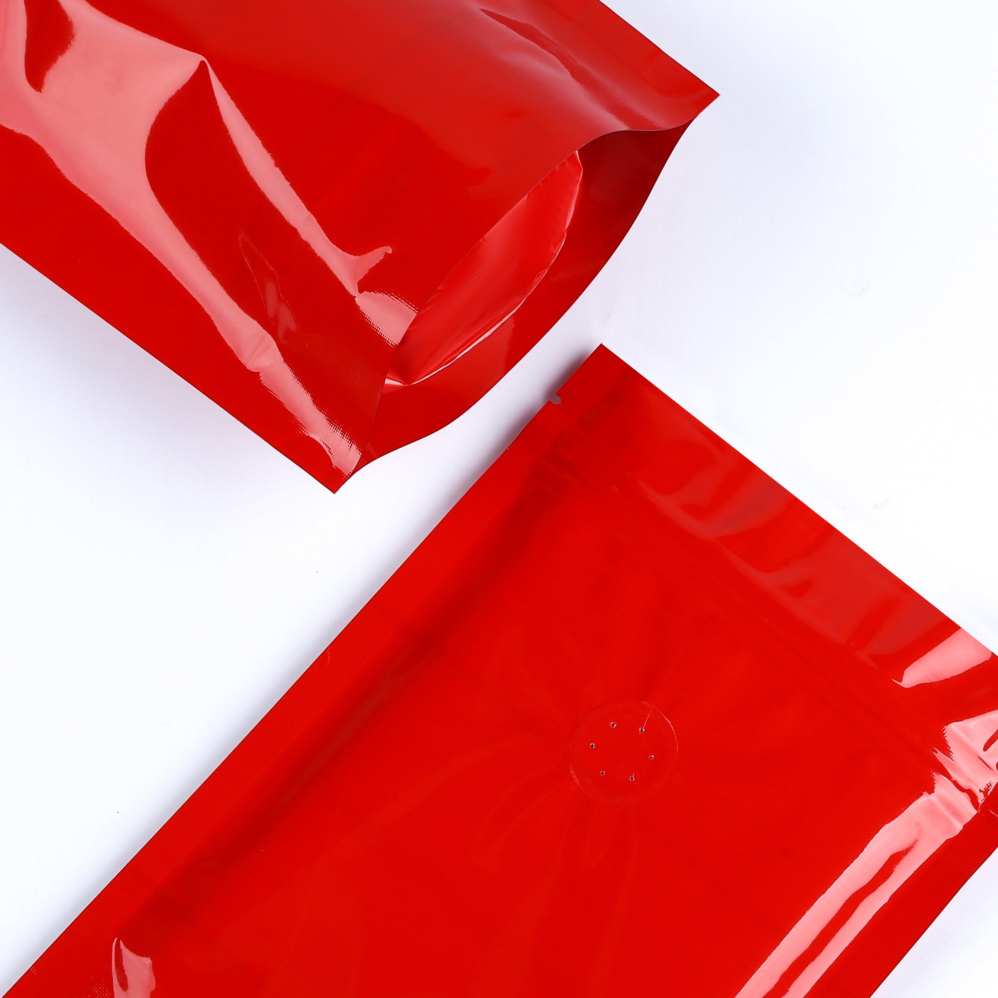 Glossy Candy Cane Mocha Red Round Window Plastic and Mylar Stand Strong® Coffee Valve Bags