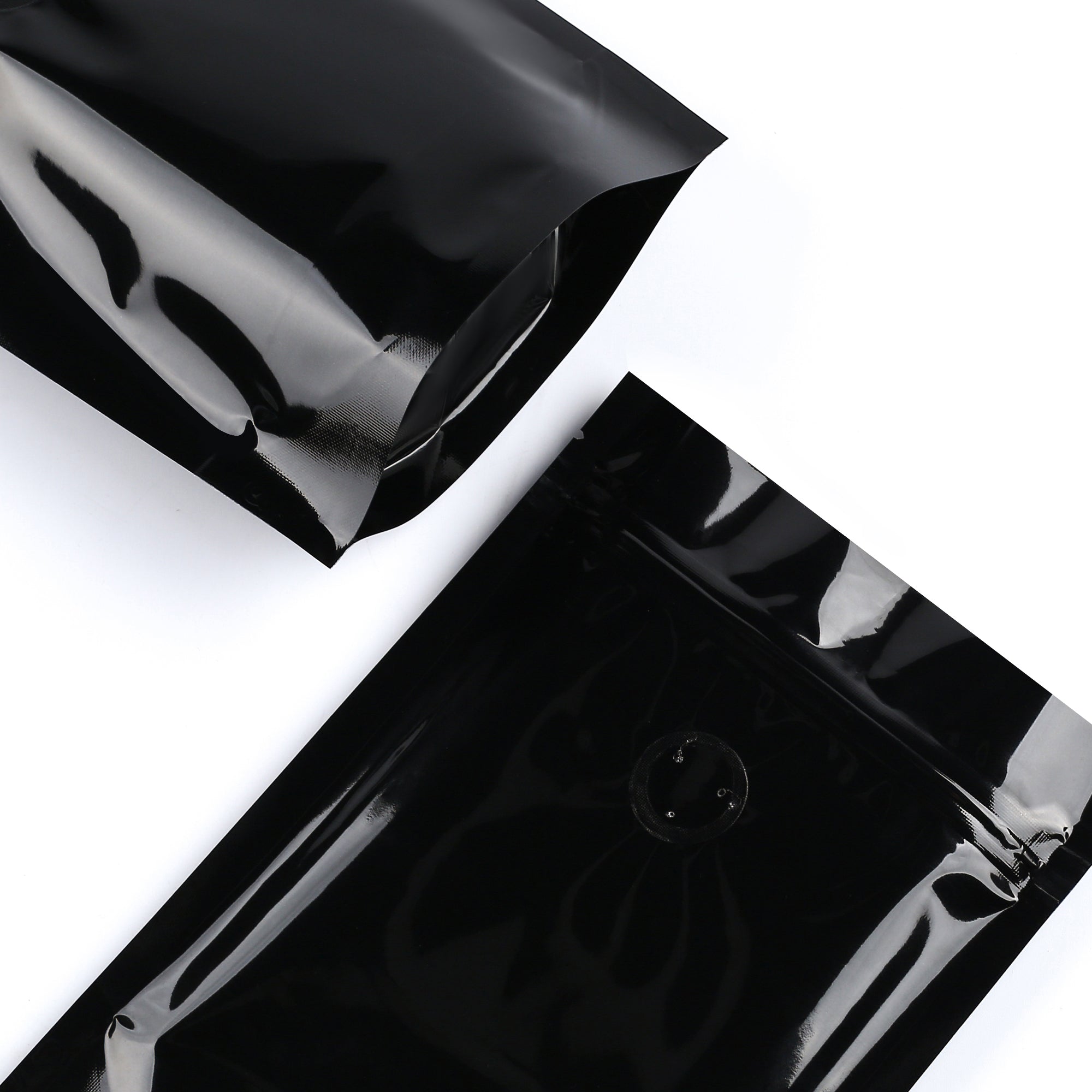 Glossy Café Mirror Black Round Window Plastic and Mylar Stand Strong® Coffee Valve Bags