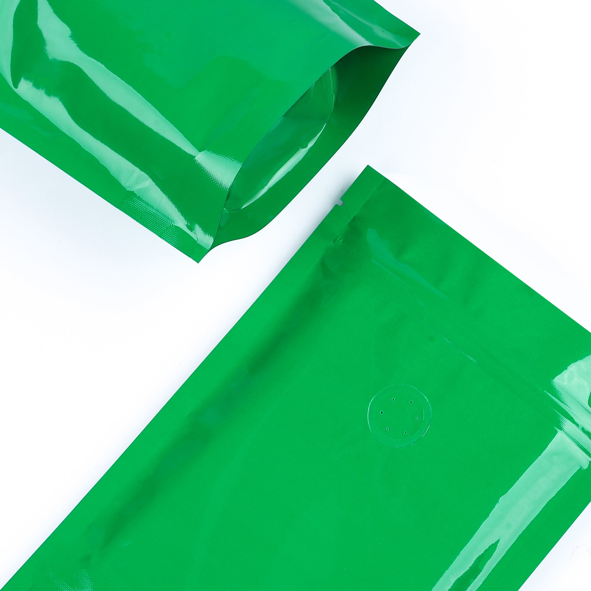 Glossy Caffeinated Clover Green Round Window Plastic and Mylar Stand Strong® Coffee Valve Bags
