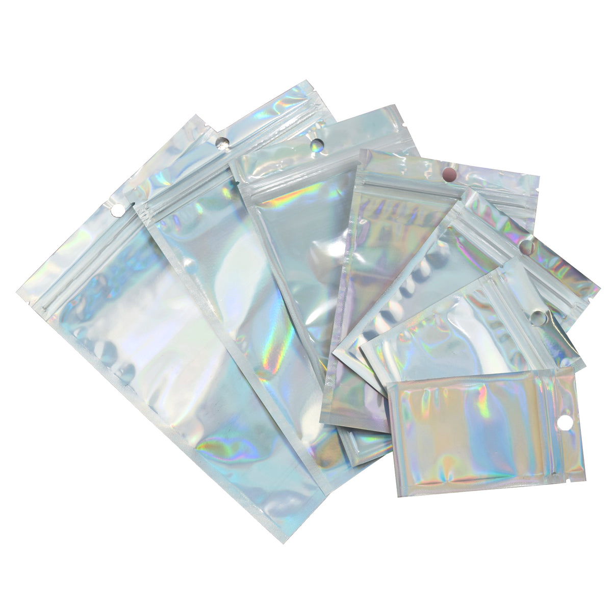 Mylar Flat Zipper Seal Bags – Clear and Diamond Holographic Design with Hang Hole