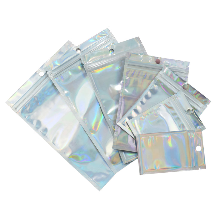 QQ Studio® Clear and Half Diamond Holographic Mylar Flat QuickQlick™ Bags with Round Hang Hole