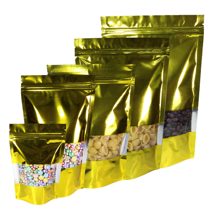 QQ Studio® Glossy Lustrous Gold Metallic Foil with Transparent Window Stand Strong™ Bags