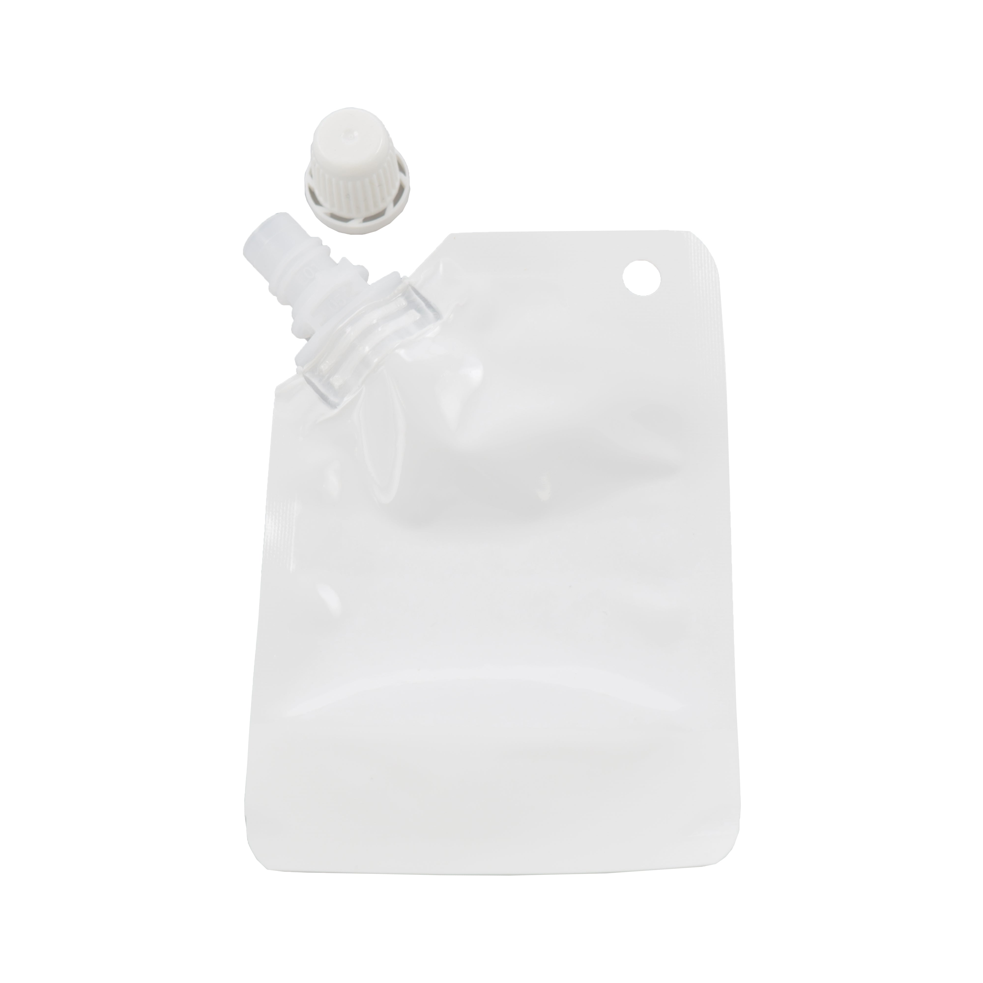 Glossy Arctic White Plastic Stand Pouch with Corner Screw Cap Spout and Hang Hole
