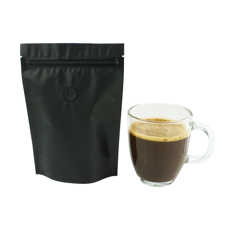 QQ Studio® Dark Roast Black Foil Coffee Valve StandStrong™ Pouches with Zipper Seal